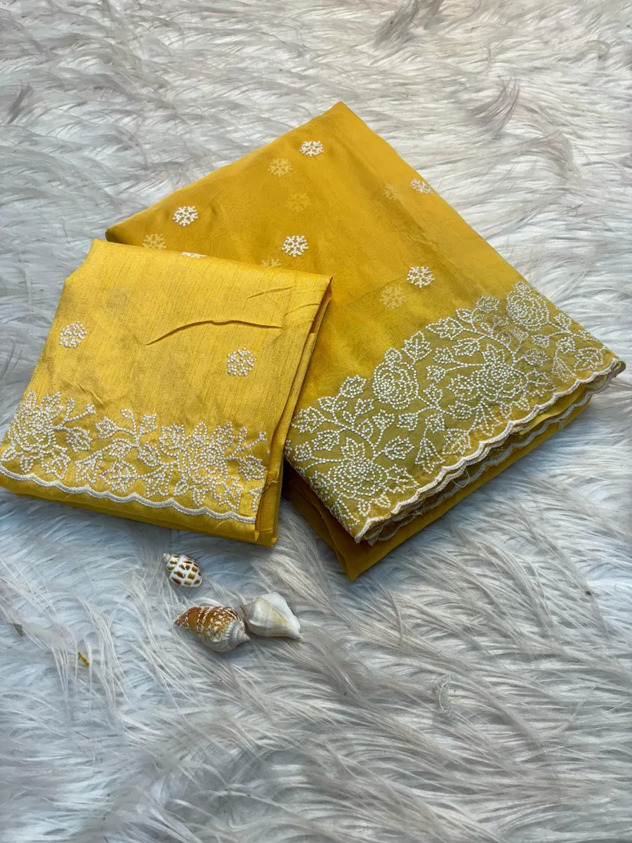 Soft Pure Tussar Silk Saree with White Thread Embroidery Work
